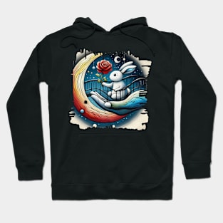 Illustration of a Rabbit stands on a bridge and gives a rose to the moon. Hoodie